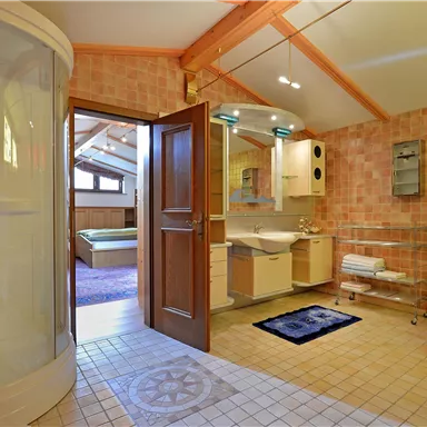 A modern bathroom with a shower and bathtub. The walls are in warm colors and there is a large mirror above the sink.