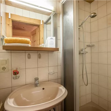 A bright bathroom with a shower, mirror, and sink. Towels and a shelf are available.