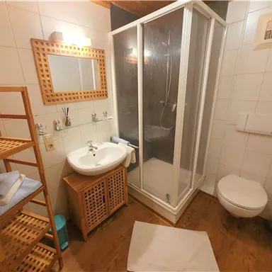 Ein modernes Badezimmer mit einer Dusche, Waschbecken und einer Toilette. Holzregale und Handtücher sorgen für eine gemütliche Atmosphäre.