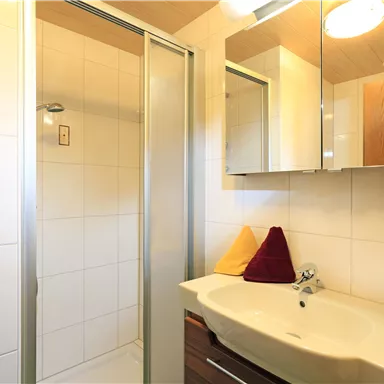 Ein modernes Badezimmer mit einer Dusche, einem Waschbecken und einem großen Spiegel. Die Wände sind hell gefliest und es gibt frische Handtücher in verschiedenen Farben.