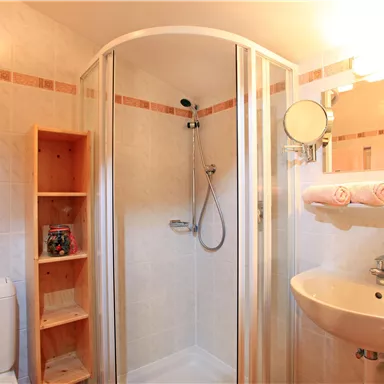 A modern bathroom with a shower, a sink, and a toilet. There is a wooden shelf on the wall.