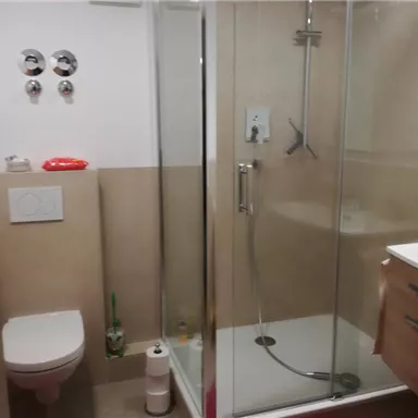 The image shows a modern bathroom with a shower and a sink. There is a toilet and bright tiles on the walls.