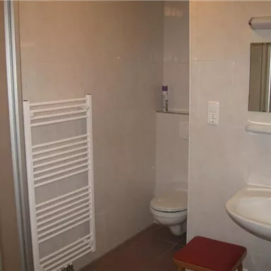 Ein modernes Badezimmer mit einer Dusche, einem Waschbecken und einer Toilette. Die Wände sind hell gefliest und es gibt einen Handtuchhalter.