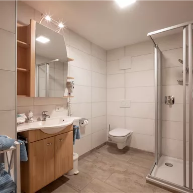 Ein modernes Badezimmer mit Dusche, Waschbecken und Spiegel. Über einer Holzkommode liegen blaue Handtücher.