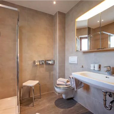 Ein modernes Badezimmer mit Dusche, Waschbecken und WC. Die Wände sind in neutralen Farbtönen gehalten, und große Spiegel sorgen für ein geräumiges Gefühl.