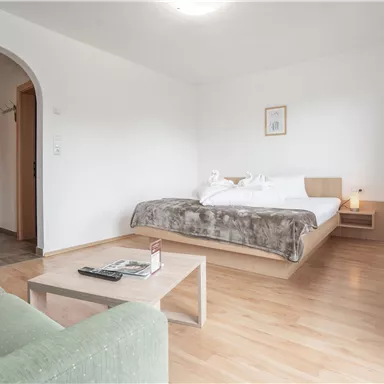 A modern room with a large bed and a cozy green sofa. The walls are painted light, and plenty of natural light comes through the window.