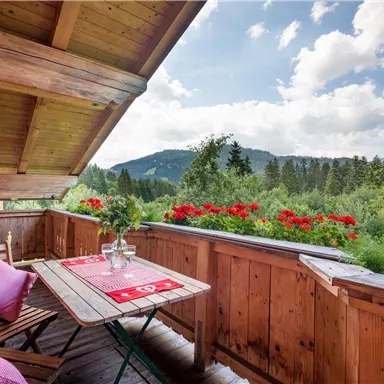 Ein gemütlicher Balkon mit Holzverkleidung und roten Blumen. Im Hintergrund sind grüne Berge und ein klarer Himmel zu sehen.