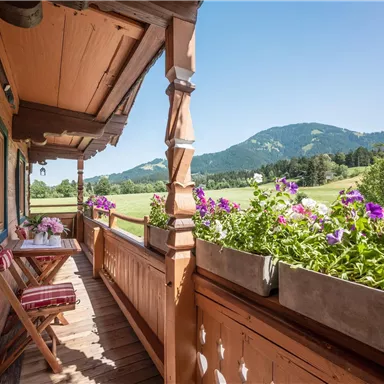 Ein Balkon mit Holzverkleidung, geschmückt mit bunten Blumen. Im Hintergrund erstreckt sich eine grüne Landschaft und sanfte Berge unter einem klaren blauen Himmel.