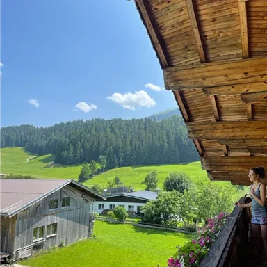 Ein schöner Ausblick von einem Balkon auf eine grüne Landschaft mit Wäldern und Hügeln. Im Vordergrund sieht man einen rustikalen Holzbau und blühende Blumen.