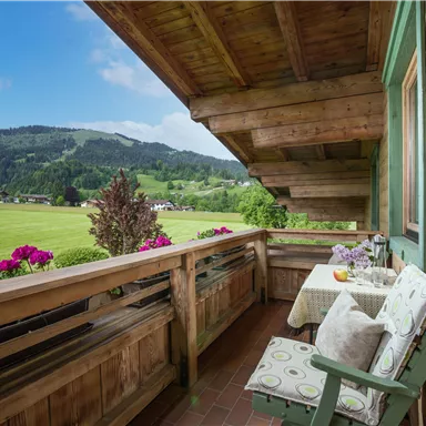 A cozy balcony with a view of green meadows and mountains. The flowers and rustic wood create an inviting atmosphere.