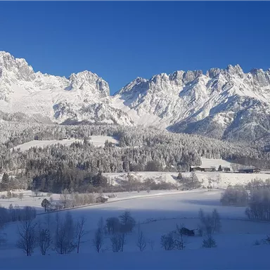 An impressive winter landscape with snow-covered mountains and a clear blue sky. In the foreground, a quiet, snowy plain stretches out.
