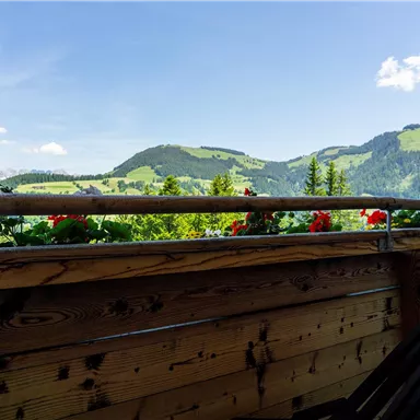 Ein Balkon mit Blumen und einer schönen Aussicht auf die grünen Berge. Der Himmel ist blau und einige Wolken sind sichtbar.