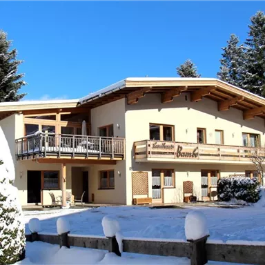 Ein gemütliches Gebäude im Winter, umgeben von Schnee und frostsicheren Bäumen. Der blaue Himmel sorgt für eine einladende Atmosphäre.