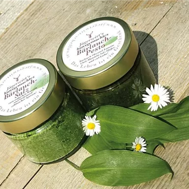 Zwei Gläser mit Bärlauchpesto stehen auf einem Holztisch. Um die Gläser sind frische Bärlauchblätter und weiße Gänseblümchen arrangiert.