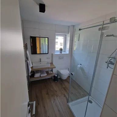 Ein modernes Badezimmer mit Duschnische und Holzfliesen. Es verfügt über einen Spiegel und eine helle Fensterfront.