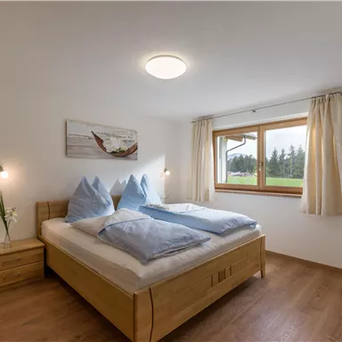 A cozy bedroom with a large bed and blue pillows. Through the window, you can see a green landscape.