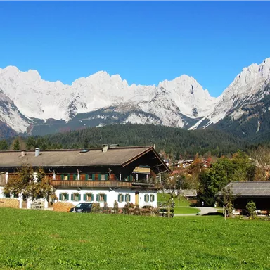 Ein schönes Bergpanorama mit schneebedeckten Gipfeln. Im Vordergrund stehen mehrere Bauernhäuser und eine grüne Wiese.