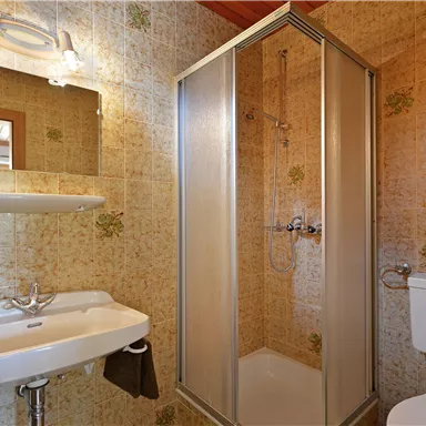 Ein kleines Badezimmer mit einer Dusche, einem Waschbecken und einer Toilette. Die Wände sind mit Blumenmustern gefliest.