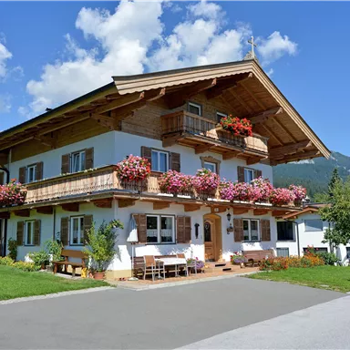 Ein charmantes Haus im alpinen Stil mit blühenden Balkonblumen. Die Umgebung ist grün, mit Bergen im Hintergrund und blauem Himmel.