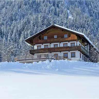 Ein charmantes Holzhaus in einer verschneiten Landschaft. Umgeben von schneebedeckten Bäumen und Bergen.