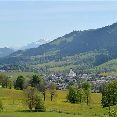 Eine malerische Landschaft mit grünen Wiesen und sanften Hügeln. Im Hintergrund sind Berge und ein kleines Dorf sichtbar.