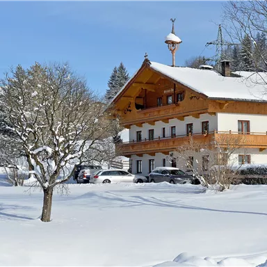 Ein charmantes Holzhaus im Schnee, umgeben von schneebedeckten Bäumen. Im Hintergrund sind majestätische Berge zu sehen.