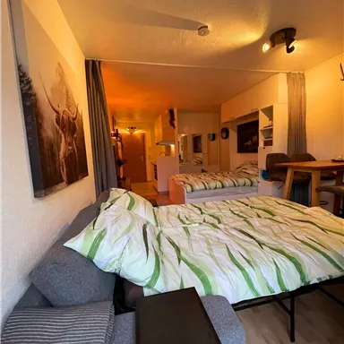 A cozy room with a large bed and a sofa bed. The walls are light, and there is an open kitchenette in the background.