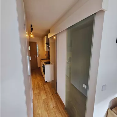 A bright hallway with wooden flooring and a glass door. On the left side, a small kitchen is visible.