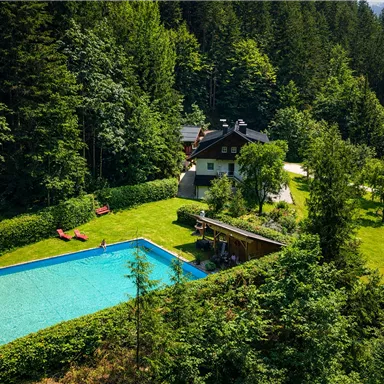 Ein idyllisches Haus inmitten von Bäumen mit einem blauen Schwimmbecken. Die Grünfläche rund um das Haus lädt zum Entspannen und Verweilen ein.