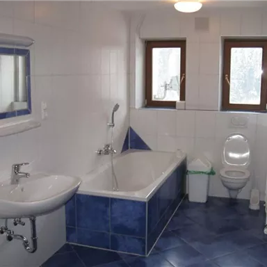 Ein helles Badezimmer mit blauen Fliesen und einer Badewanne. Es gibt ein Waschbecken, ein WC und zwei Fenster für natürliche Beleuchtung.