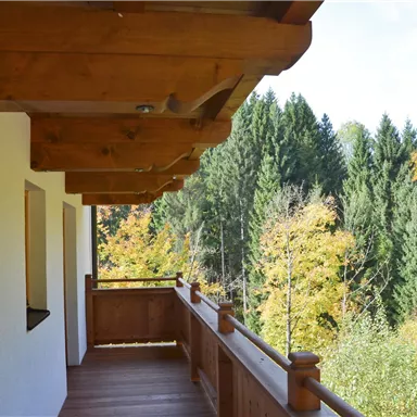 A beautiful balcony with a wooden railing that offers a view of colorful autumn trees and dense coniferous forests. The calm, natural surroundings create an inviting atmosphere.