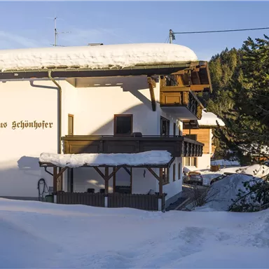 A cozy house in the snow with a large roof. The surroundings are surrounded by snow-covered trees.