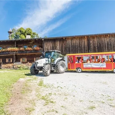 A beautiful farm with a wooden building and colorful flowers. In the foreground, there is a tractor next to a colorful ride with passengers.