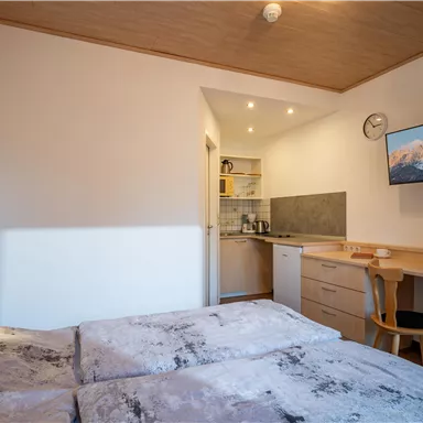 A cozy room with a double bed and a small workspace. In the corner, there is a television, and in the kitchenette, cooking utensils are visible.