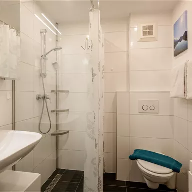 Ein modernes Badezimmer mit einer Dusche, Waschbecken und WC. Die Wände sind in hellen Fliesen gehalten, ergänzt durch einige Bilder.