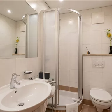 Ein modernes Badezimmer mit einer Dusche, einem Waschbecken und einer Toilette. Helle Fliesen und ein großer Spiegel schaffen ein freundliches Ambiente.