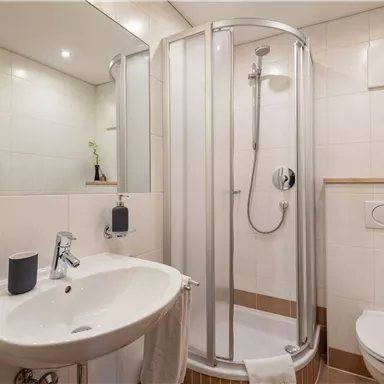 Ein modernes Badezimmer mit einer Duschkabine, einem Waschbecken und einer Toilette. Die Wände sind hell gefliest und es gibt eine Pflanze zur Dekoration.