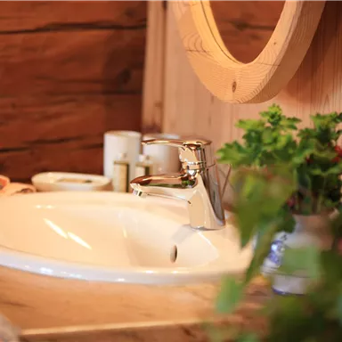 Ein modernes Waschbecken mit glänzendem Wasserhahn in einem rustikalen Badezimmer. Pflanzen und Pflegeprodukte ergänzen die gemütliche Atmosphäre.