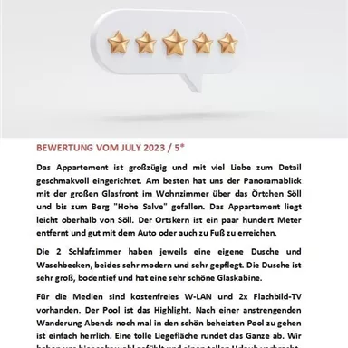 A review for an apartment with five stars. The description highlights the large glass front, the two bedrooms with their own en-suite bathrooms, and the pool as the highlight.