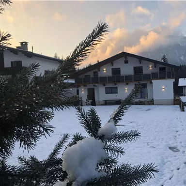 Ein schneebedecktes Gebäude mit einem schönen Bergpanorama im Hintergrund. Im Vordergrund sind Tannenzweige mit etwas Schnee zu sehen.