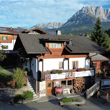 A picturesque house in the Alps with traditional wooden cladding. Majestic mountains and a clear sky can be seen in the background.