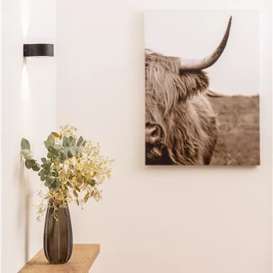 Eine stilvolle Innenansicht mit einem hölzernen Konsolentisch und einer eleganten Vase, die mit getrockneten Blumen gefüllt ist. An der Wand hängt ein künstlerisches Bild eines Hochlandrinds in sepiafarbener Tönung.