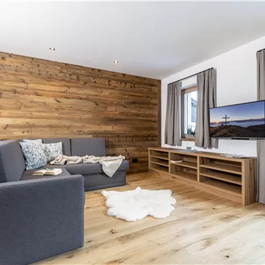 A modern living room with a gray sofa and wooden walls. A television is placed on a wooden cabinet and large windows let in plenty of light.