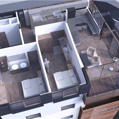 A modern apartment with an open floor plan and a large balcony. The rooms are bright and invitingly designed.