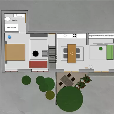 Eine Grundrisszeichnung eines Hauses mit verschiedenen Räumen, einschließlich Schlafzimmer, Küche und Wohnzimmer. Im Außenbereich sind einige Pflanzen dargestellt.