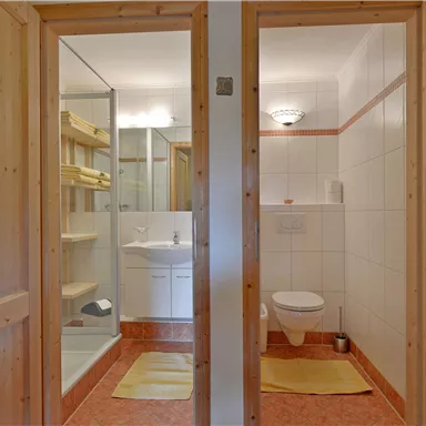 Ein modernes Badezimmer mit Holzverkleidung und hellen Fliesen. Auf der linken Seite sind eine Dusche und Regale, auf der rechten Seite ein Waschbecken und eine Toilette.