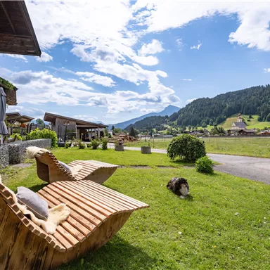 A beautiful garden landscape with modern loungers and a view of the mountains. In the background, the clouds are in the sky and a dog is on the lawn.