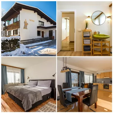 Ein modernes Haus im Schnee mit einem einladenden Eingang. Innenräume mit einem gemütlichen Schlafzimmer, einer modernen Küche und einem stilvollen Essbereich.