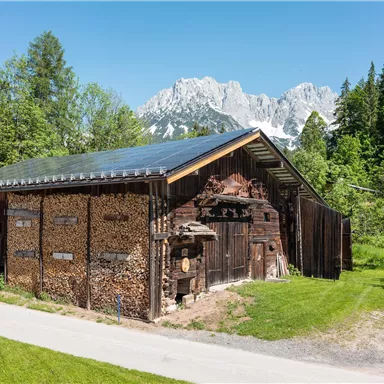 A traditional building with wooden cladding on the facade, surrounded by green meadows and trees. In the background, impressive mountains can be seen under a clear blue sky.