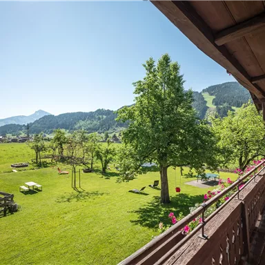 Ein schöner Ausblick auf eine grüne Wiese mit Bäumen und Bergen im Hintergrund. Die Sonne scheint und der Himmel ist klar.